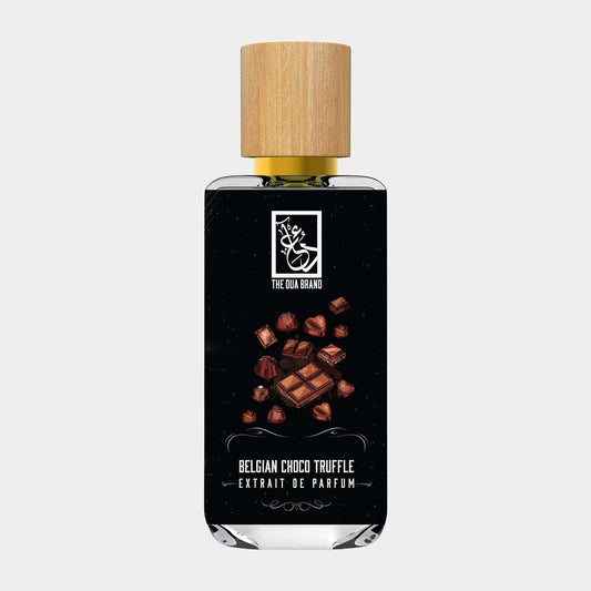 A stylish perfume bottle labeled Dua Belgian Choco Truffle, featuring a wooden cap and a black background adorned with chocolate truffles and bars, indicating a rich, chocolate-inspired fragrance.
