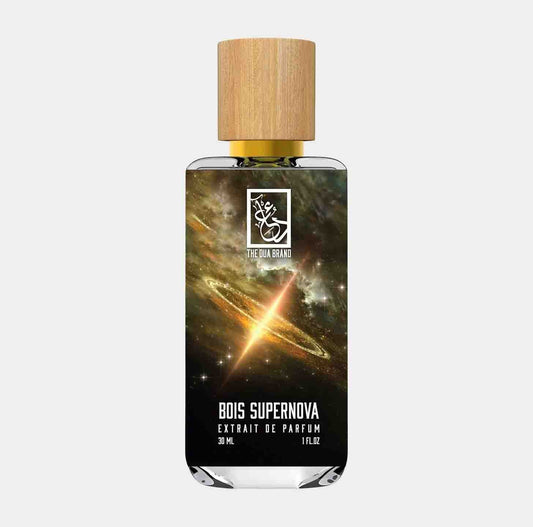 A sleek glass bottle of 'Dua Bois Supernova Sample' perfume, featuring a wooden cap and a cosmic-themed label that highlights its unique fragrance. The bottle contains 30 mL of extrait de parfum.