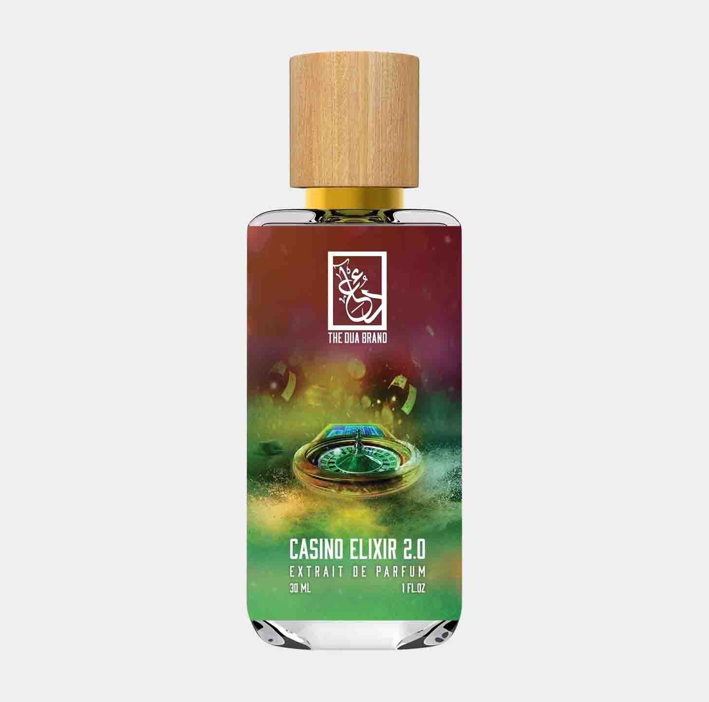 A clear, elegantly designed bottle of Dua Casino Elixir 2.0 Sample with a wooden cap, showcasing a vibrant label featuring casino-themed graphics and the scent's name prominently displayed.