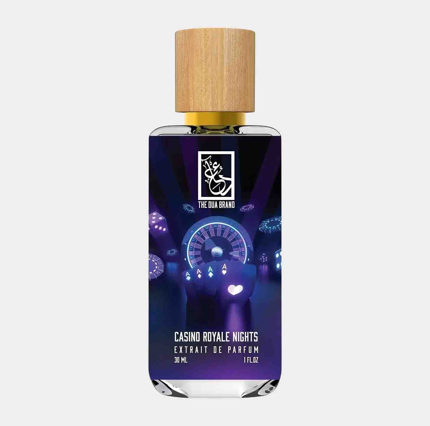 A bottle of Dua Casino Royale's Night Sample, featuring a sleek design with a wooden cap and vibrant graphics of a casino scene on the label. The fragrance is an extrait de parfum, showcasing a 30 ml capacity.