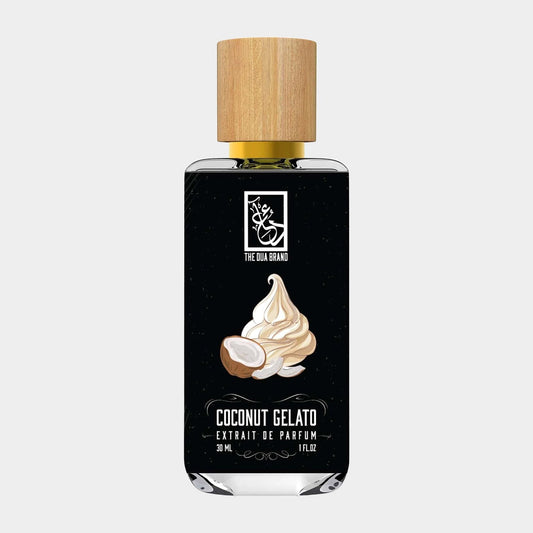 A bottle of Dua Coconut Ice Cream Gelato Sample, featuring a wooden cap and a sleek black design, showcasing the delightful essence of coconut gelato.