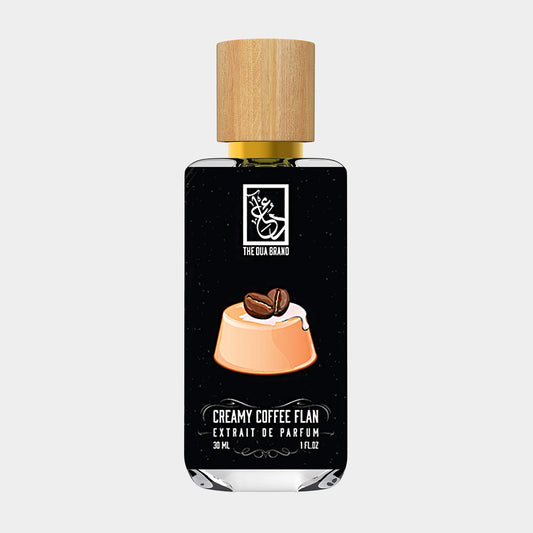 Sample bottle of Dua Creamy Coffee Flan fragrance, featuring a sleek design with a wooden cap and a playful illustration of flan topped with coffee beans.