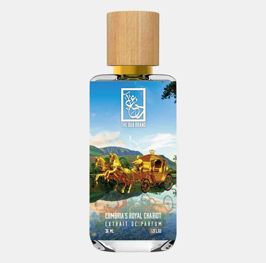 A bottle of Dua Cumbria's Royal Chariot, featuring a vibrant label with a golden chariot and horses set against a picturesque landscape, showcasing its elegance and luxury as an extrait de parfum.