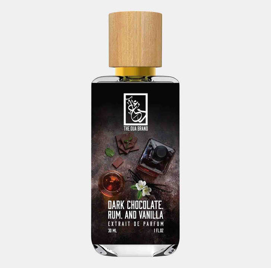 A 30 mL bottle of Dua Dark Chocolate Rum and Vanilla perfume, featuring a sleek design with a wooden cap and a label showcasing dark chocolate, rum, and vanilla elements.