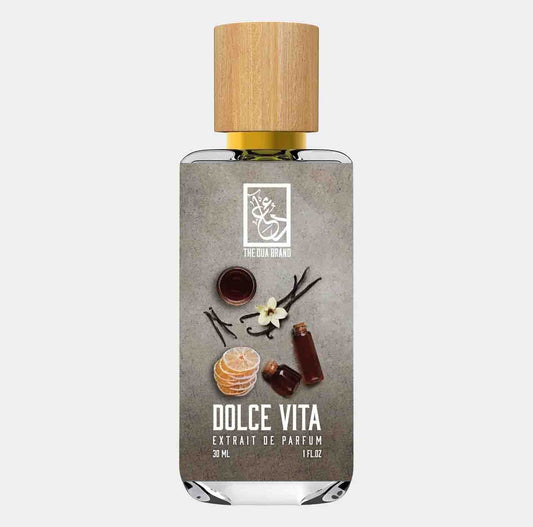 Dua Dolce Vita Sample is a 30 ml extrait de parfum featuring a sleek glass bottle with a wooden cap, adorned with aromatic ingredients like citrus and vanilla.