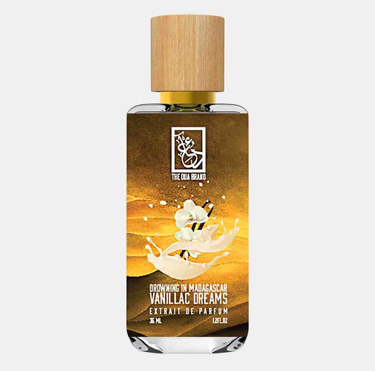A bottle of Dua Drowning in Madagascar Vanillac Dreams sample perfume, featuring an elegant design with a wooden cap and a warm background. The label highlights its fragrance, Extrait de Parfum, in a 35mL size.
