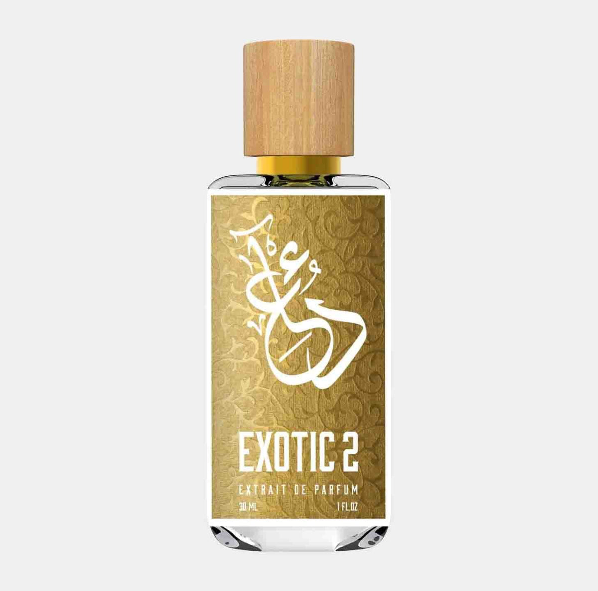 A sleek bottle of Dua Exotic 2.0 Sample, featuring a golden label with intricate designs and a wooden cap. This extrait de parfum is presented in a 30 mL size, emphasizing its luxurious appeal.