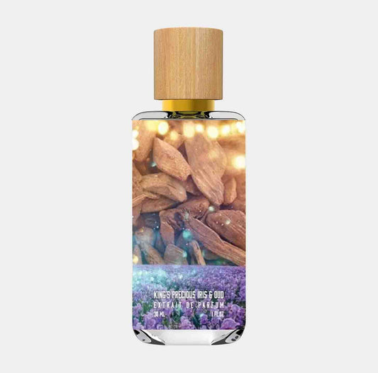 A sleek bottle of 'Dua Kings' Precious Oud Iris Sample' perfume, showcasing its inviting design with a wooden cap, surrounded by images of oud wood and flowers. The label highlights its luxurious scent profile.