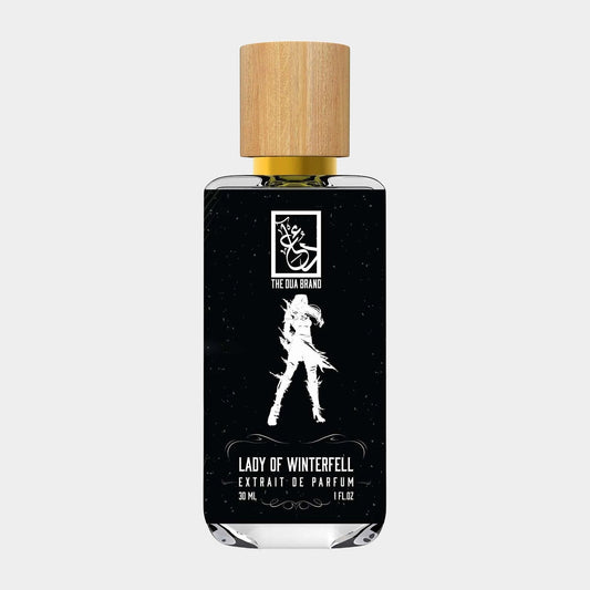 Dua Lady of Winterfell Sample - a 30 ml bottle of extrait de parfum featuring a sleek black design and a wooden cap, with an artistic depiction of a lady silhouette on the label.
