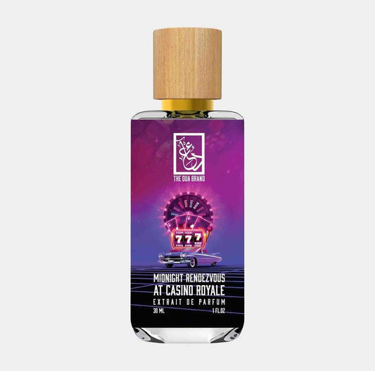 A bottle of Dua Midnight Rendezvous at Casino Royale Sample, featuring a sleek design with a wooden cap and a vibrant purple label showcasing casino-themed graphics. The bottle holds 31 mL of extrait de parfum.