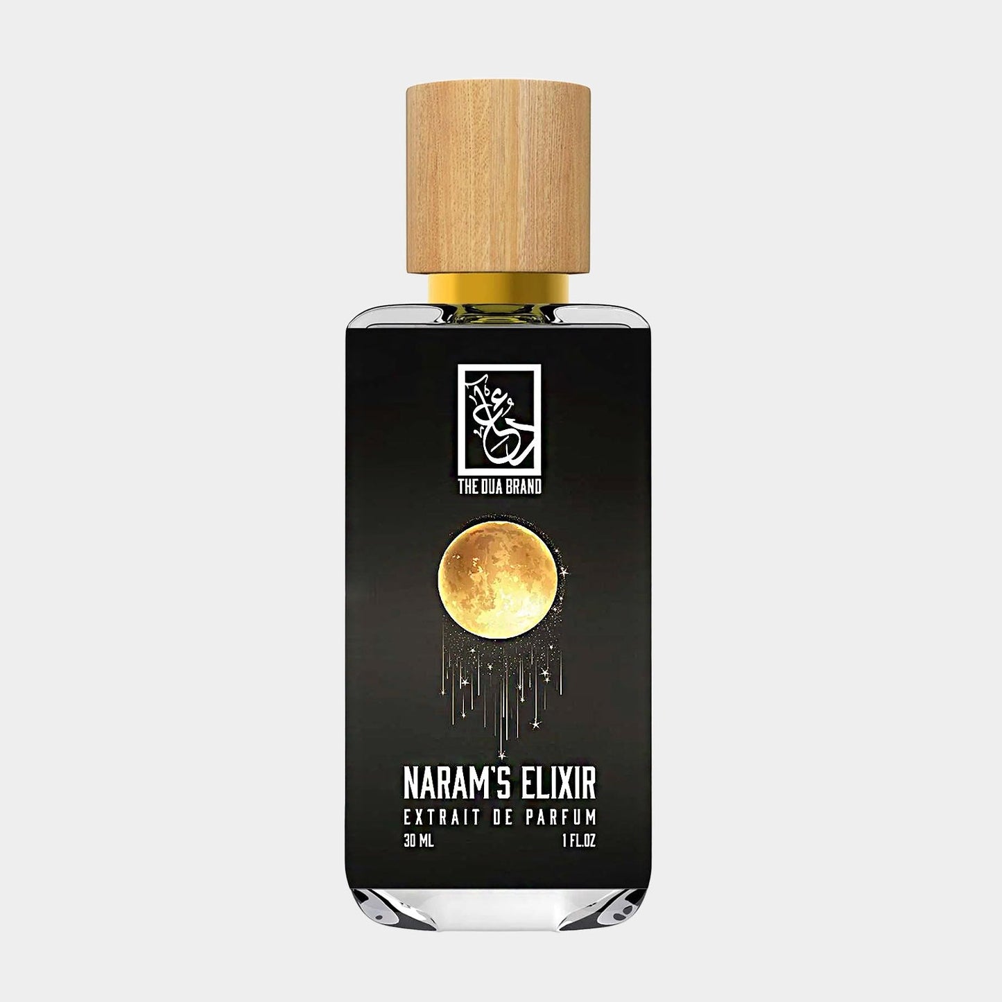 A sleek 30 ml bottle of Dua Naram's Elixir Sample featuring a minimalist design with a wooden cap and a moon graphic, showcasing its luxurious fragrance.