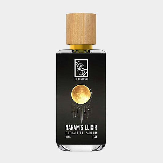 A sleek 30 ml bottle of Dua Naram's Elixir Sample featuring a minimalist design with a wooden cap and a moon graphic, showcasing its luxurious fragrance.