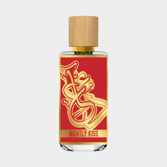 Dua Nightly Kiss Sample, featuring a sleek glass bottle with a wooden cap and a vibrant red label adorned with elegant gold lettering.
