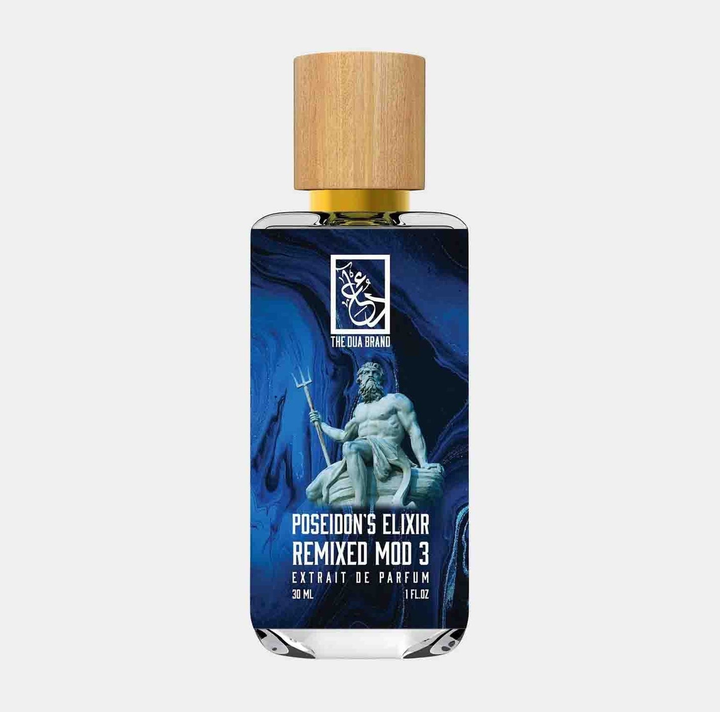A bottle of Dua Poseidon's Elixir Remixed Mod 3 Sample, featuring a dark blue label with a classic statue design and a wooden cap, containing 30 ml of extrait de parfum.
