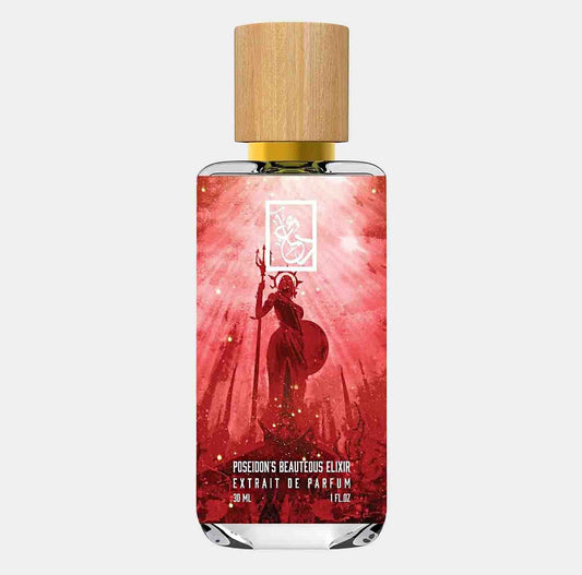 A 30 ml sample of Dua Poseidon's Beauteous Elixir, featuring a striking design with a silhouette of Poseidon against a vibrant red backdrop. The bottle is topped with a wooden cap for an elegant touch.