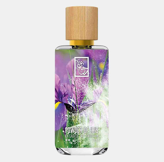 A 30ml bottle of Dua Powder of Iris Sample, featuring a vibrant floral design with shades of purple, complemented by a wooden cap. The label elegantly displays the product name and fragrance details.