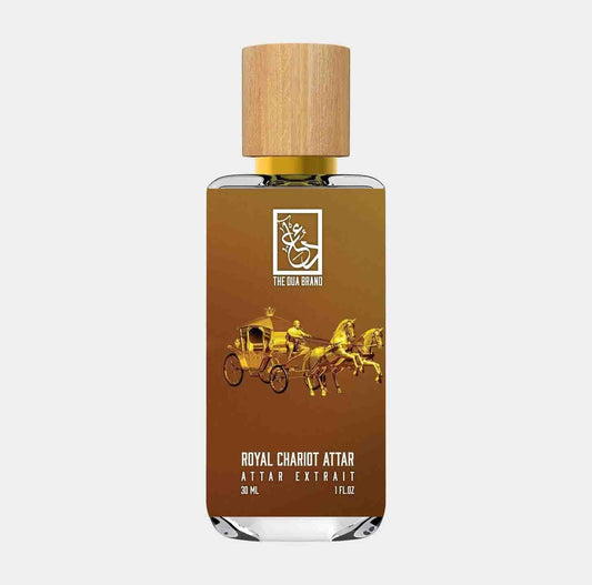 Dua Royal Chariot Attar Sample in a sleek glass bottle with a wooden cap, featuring a golden label and an illustration of a chariot and horses.