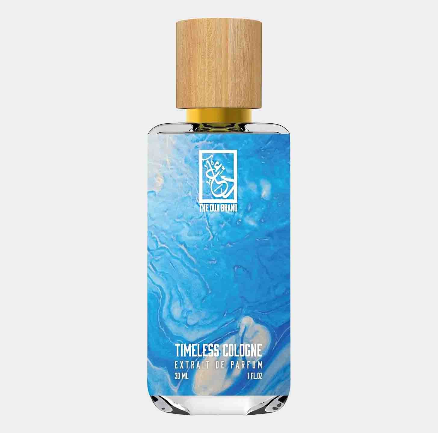 A bottle of Dua Timeless Cologne, featuring a stylish design with a blue marbled effect and a wooden cap, holding 30 mL of fragrant essence.