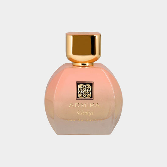 Admira Elsatys Sample is an elegant, round perfume bottle with a gold cap and a soft pink gradient design, showcasing a luxurious and feminine fragrance.