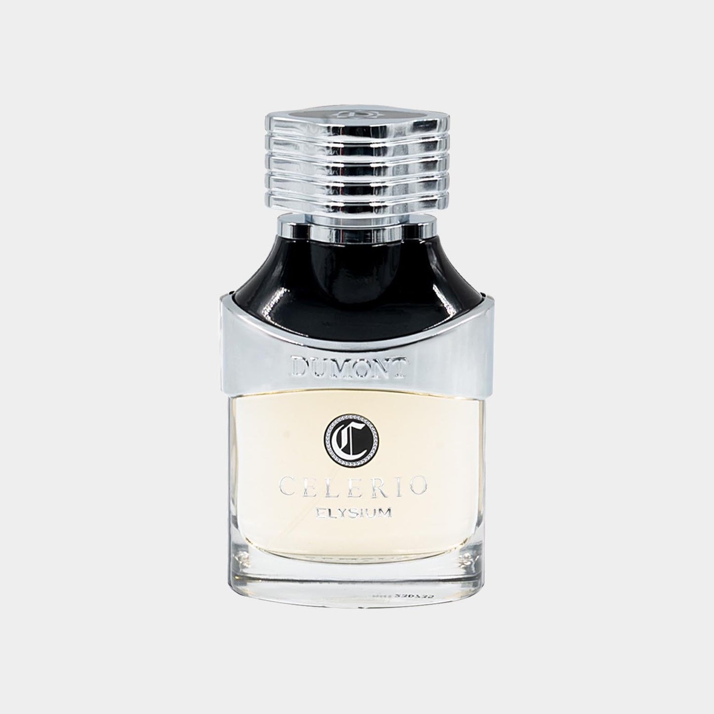 A sleek, elegant perfume bottle labeled 'Dumont Celerio Elysium Sample', featuring a chrome cap and a clear glass base that showcases the light-colored fragrance inside.