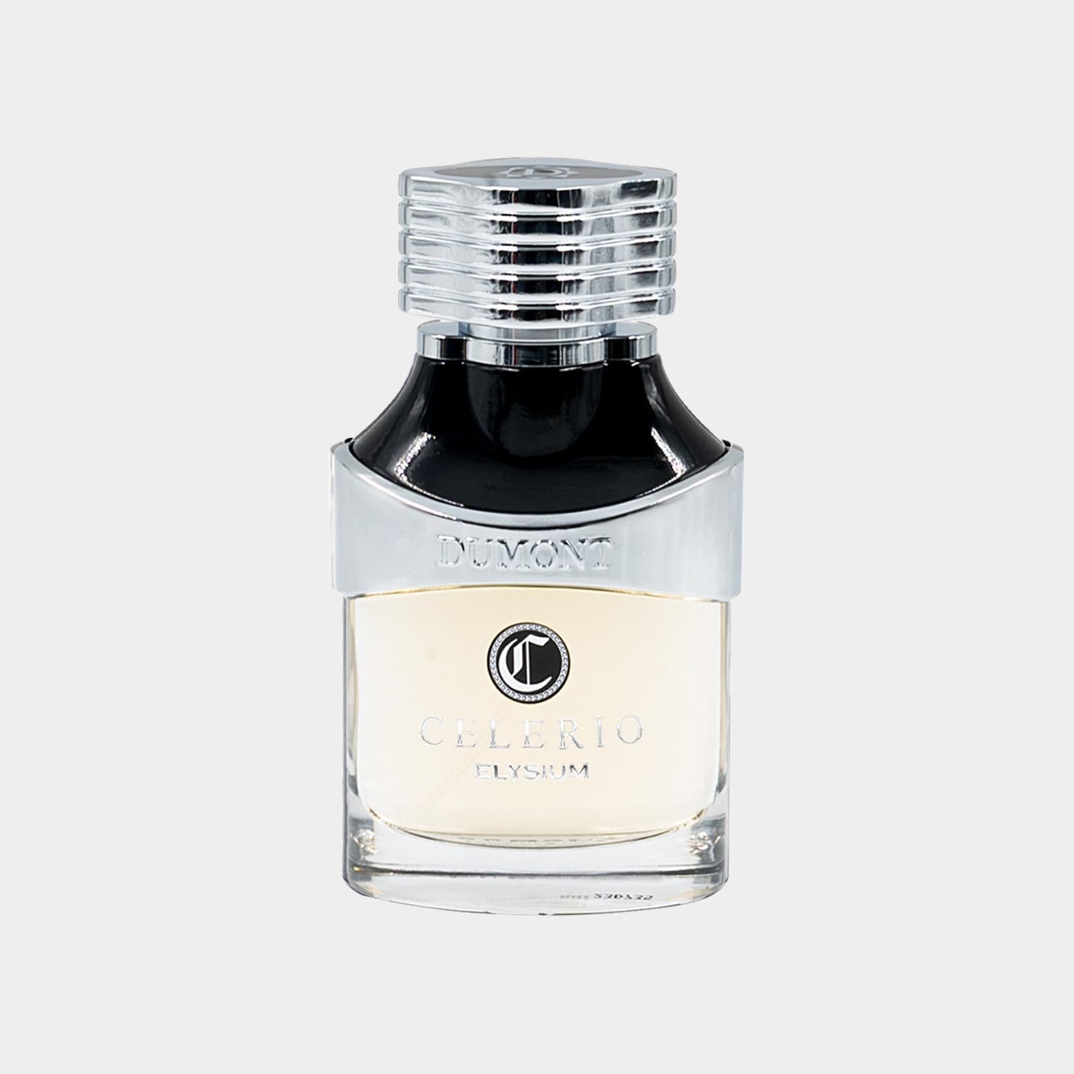 A sleek, elegant perfume bottle labeled 'Dumont Celerio Elysium Sample', featuring a chrome cap and a clear glass base that showcases the light-colored fragrance inside.