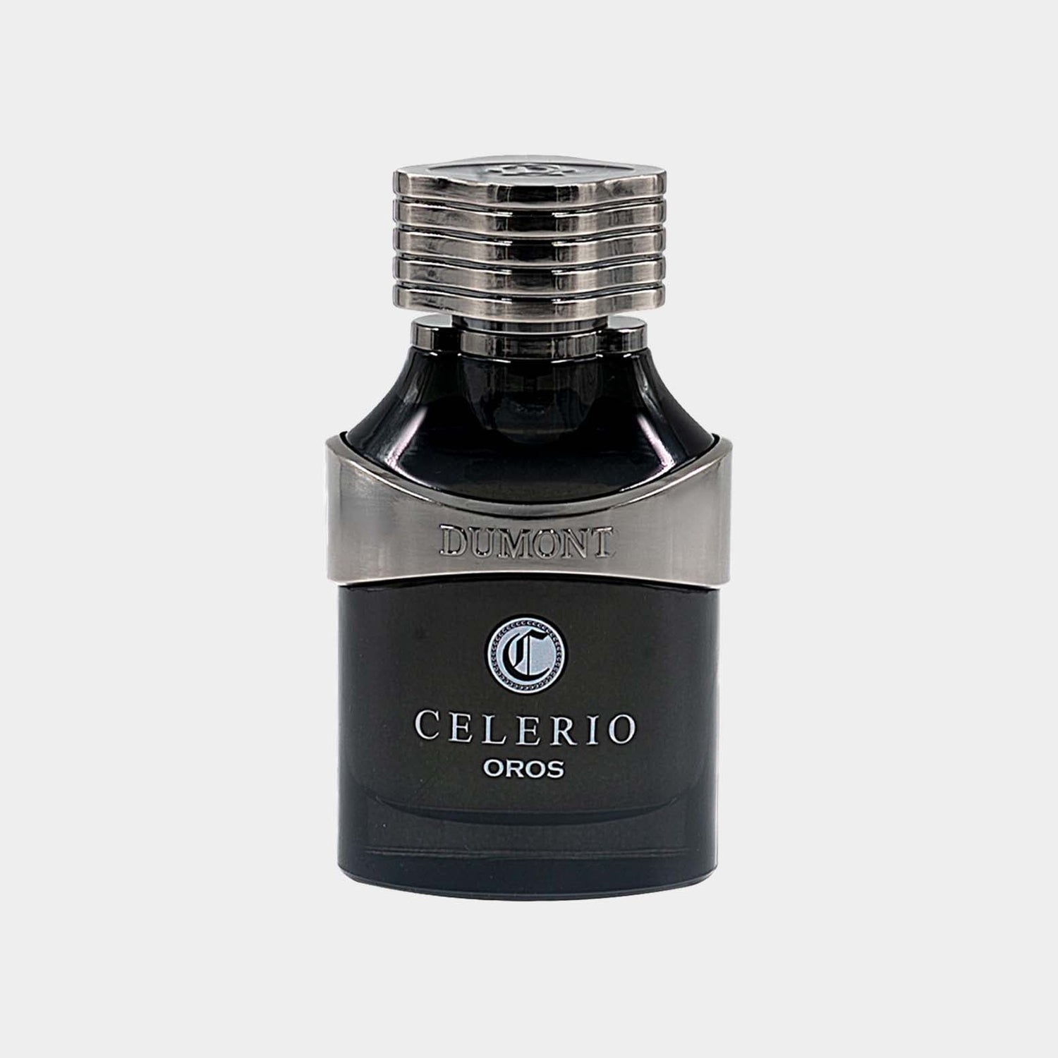 A sleek black bottle of Dumont Celerio Oros Sample, featuring a silver band and an elegant cap design. The bottle exudes sophistication, perfect for a luxury fragrance.