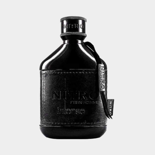 A sleek black bottle featuring the label NITRO Intense from the Dumont Nitro Intense Sample collection, showcasing a sophisticated design with a leather-like texture and a modern cap.