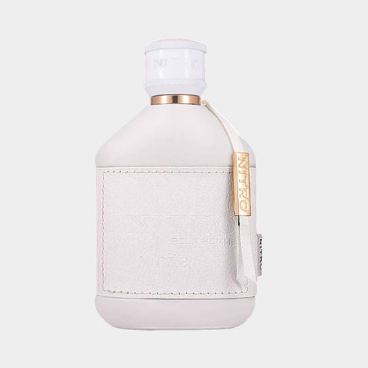 A sleek bottle of Dumont Nitro White Sample, featuring a minimalist design with a white exterior and a metallic accent, exuding a modern aesthetic.