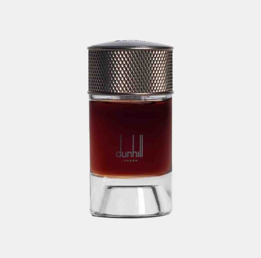 Dunhill Signature Agar Wood Sample in a sleek glass bottle with a textured metallic cap, featuring the brand's logo prominently displayed.
