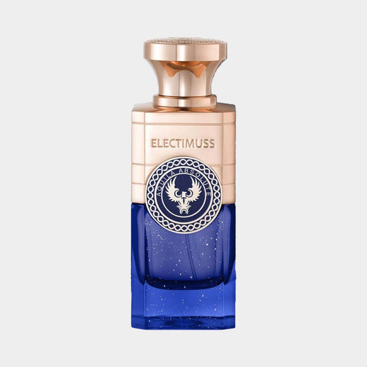Electimuss Aquila Absolute full bottle, featuring an elegant design with a striking blue glass base and a gold-accented cap, encapsulates a luxurious fragrance experience. The bottle is adorned with an emblematic logo, highlighting its premium quality.