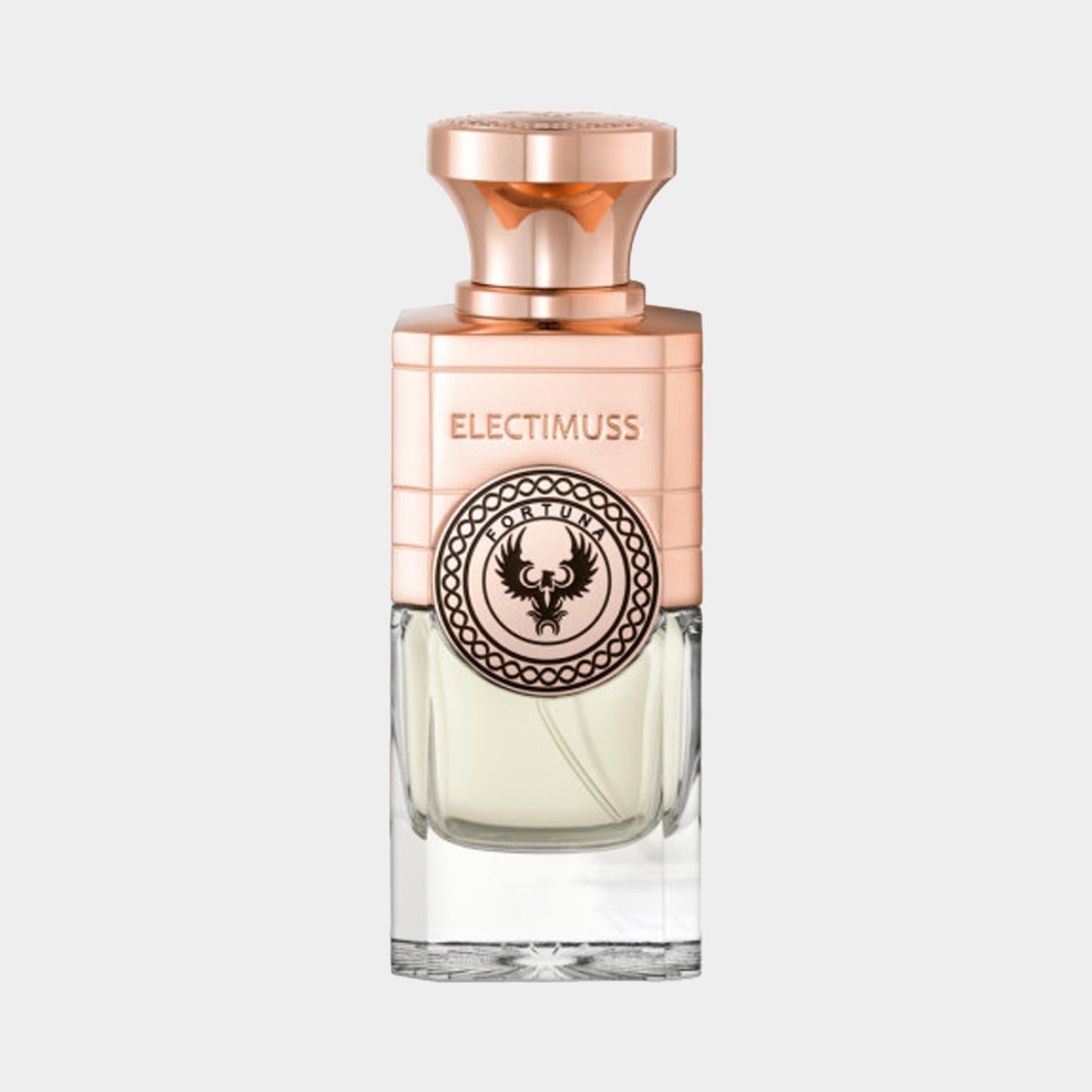 A full bottle of Electimuss Fortuna fragrance, featuring an elegant glass design with a rose gold cap and a decorative emblem on the front. The perfume exudes a luxurious and sophisticated aesthetic.