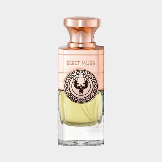 A sleek, elegantly designed bottle of Electimuss Jupiter Sample, featuring a gold and clear glass design with a decorative emblem on the front. The fragrance inside has a bright, greenish hue.