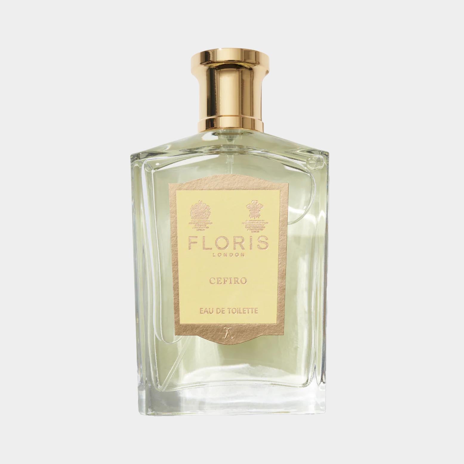 A bottle of Floris London Cefiro Sample, featuring a classic rectangular design with a gold cap and a cream label that highlights the fragrance name and notes, set against a light background.