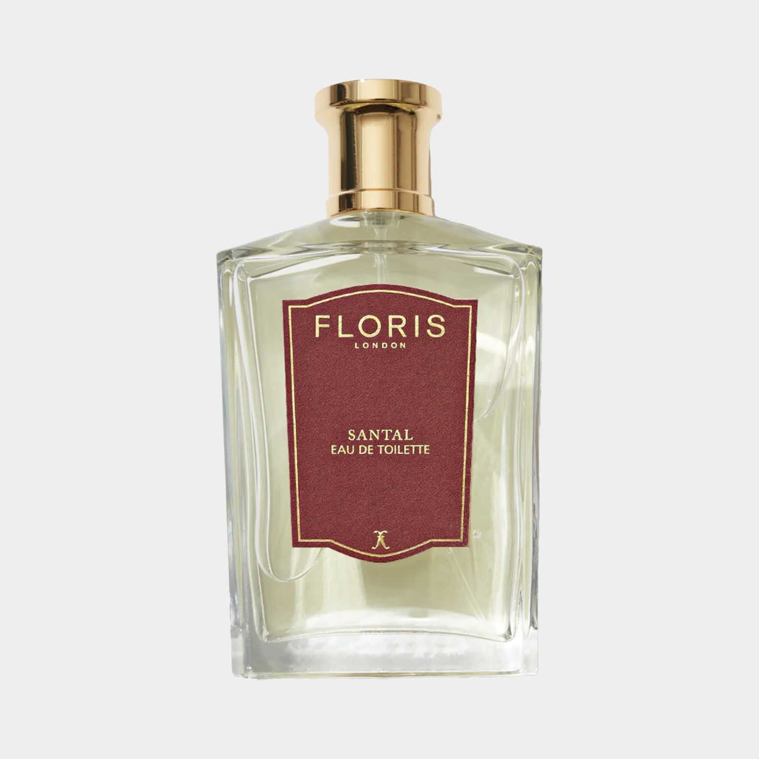 Floris London Santal Sample, an elegant eau de toilette in a glass bottle with a gold cap and a rich burgundy label.