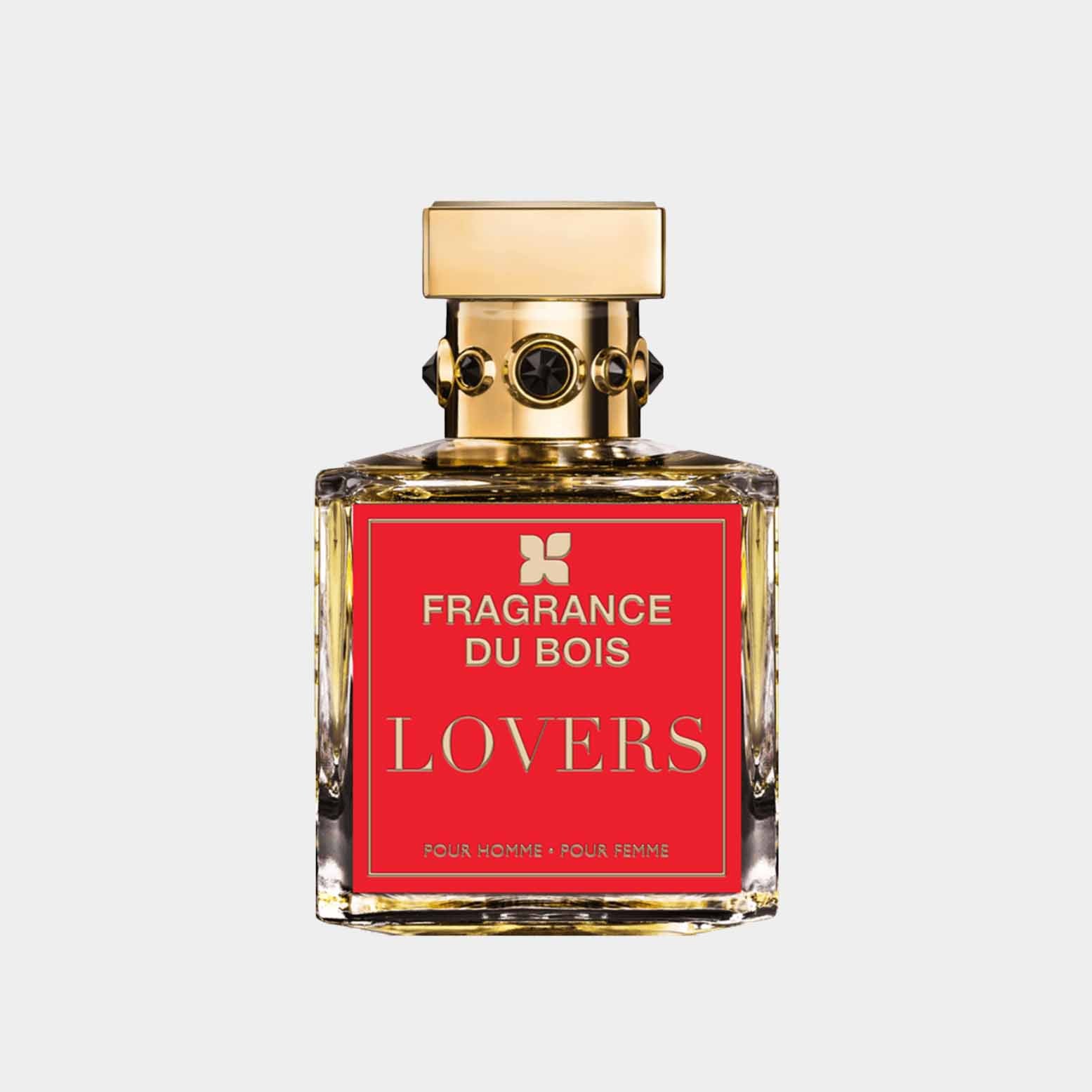 A luxurious bottle of Fragrance Du Bois Lovers Sample, featuring a square glass design with a gold cap and a vibrant red label, ideal for both men and women.