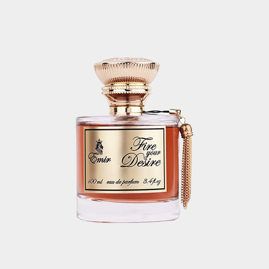 Paris Corner Fire Your Desire Sample features an elegant glass bottle with a gold-tone cap, containing 100 ml of eau de parfum with a warm amber hue.