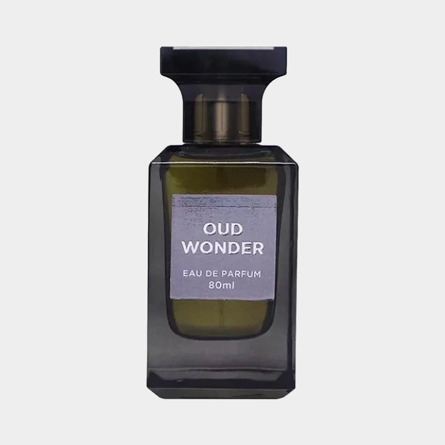 Fragrance World Oud Wonder Sample is an elegant 80ml eau de parfum featuring a sleek black bottle with a minimalist label design. The fragrance promises a rich, captivating scent experience.