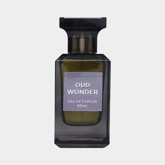 Fragrance World Oud Wonder Sample is an elegant 80ml eau de parfum featuring a sleek black bottle with a minimalist label design. The fragrance promises a rich, captivating scent experience.