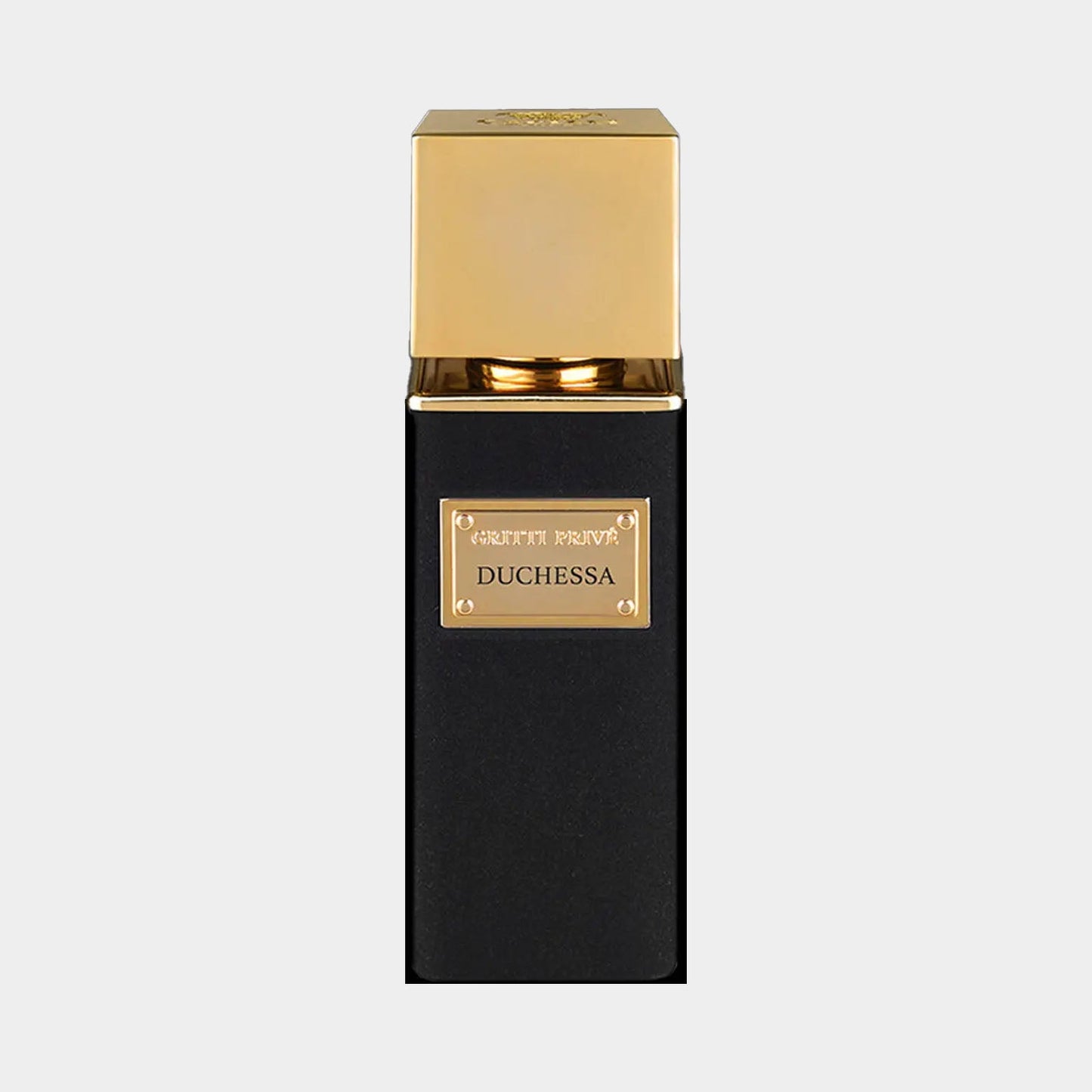A sleek, black perfume bottle with a gold top, featuring a gold label that reads Gritti Duchessa EXDP Sample. The design exudes luxury and sophistication.
