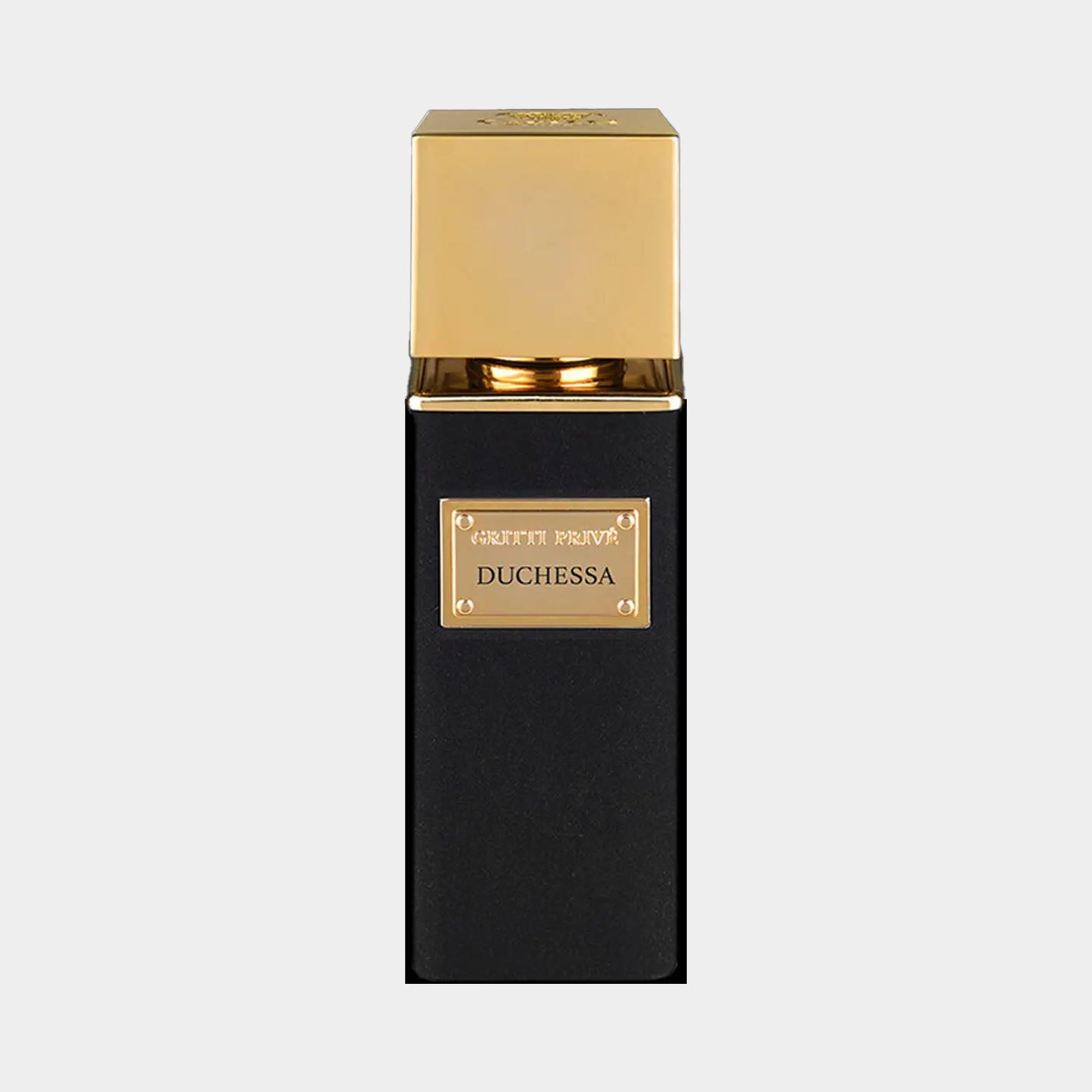A sleek, black perfume bottle with a gold top, featuring a gold label that reads Gritti Duchessa EXDP Sample. The design exudes luxury and sophistication.