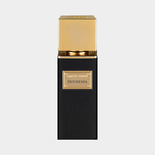 A sleek, black perfume bottle with a gold top, featuring a gold label that reads Gritti Duchessa EXDP Sample. The design exudes luxury and sophistication.