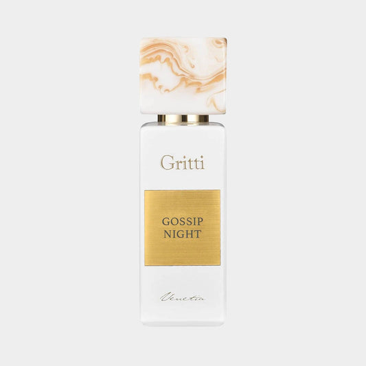 A full bottle of Gritti Gossip Night Eau de Parfum, featuring a sleek white container with a gold label and a decorative marbled top. The elegant design exudes luxury and sophistication.