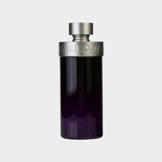 A sleek, dark purple glass bottle with a metallic silver cap, labeled Halloween Man, showcasing a sample of the Halloween fragrance. The design is modern and mysterious, reflecting the essence of Halloween.