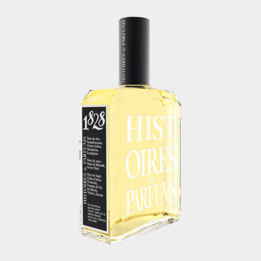 Histoires de Parfums 1828 Sample bottle featuring a clear glass design with bold white lettering and a black cap, showcasing a luxurious fragrance.