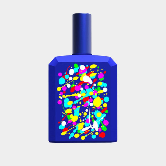 Histoires de Parfums This Is Not A Blue Bottle 1.2 Sample, featuring a vibrant blue bottle adorned with a colorful, abstract design.