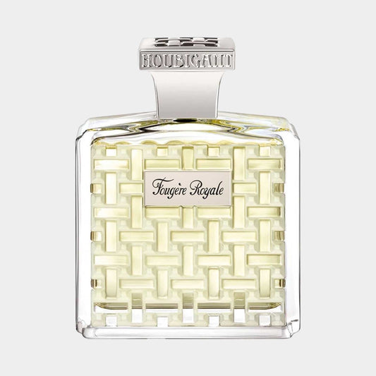 A clear glass sample bottle of Houbigant Fougere Royale, featuring an elegant woven design and a silver cap. The fragrance has a light yellow hue, showcasing its luxurious appeal.