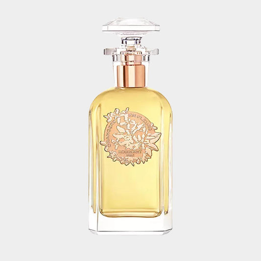 A stylish glass perfume bottle of Houbigant Orangers en Fleurs Sample, featuring a golden liquid and an ornate label with floral designs. The bottle has a decorative stopper, highlighting its elegant design.