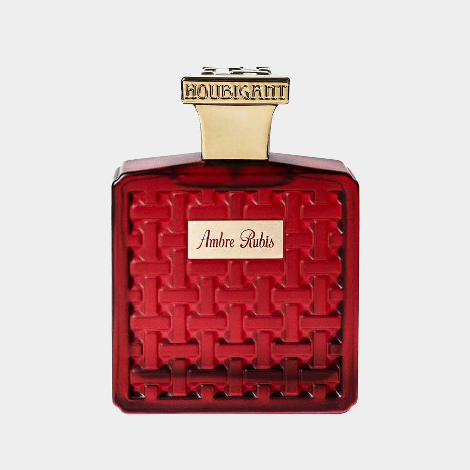 A red bottle of Houbigant Ambre Rubis Sample, featuring a textured weave design and a sleek gold cap. The label prominently displays the fragrance name Ambre Rubis.