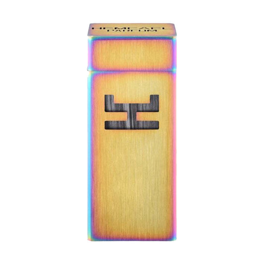 Hemcael Deos Sample in a sleek, metallic gold and rainbow-hued case, featuring a minimalist design with a distinctive logo.
