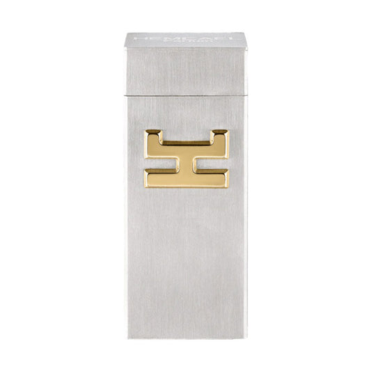 A sleek metallic package for the 'Hemcael Horruit Sample,' featuring a minimalist design with a prominent gold accent. The sophisticated packaging reflects elegance and modernity.